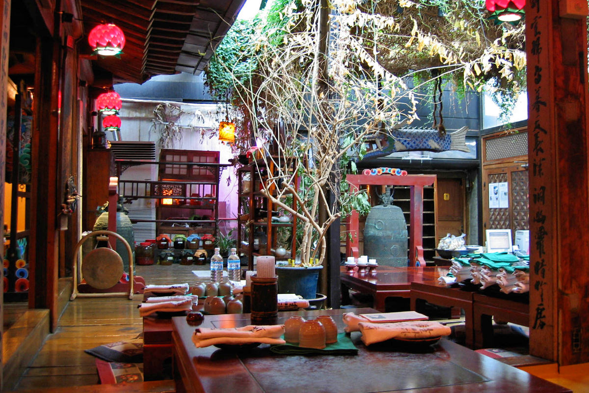 The interior of a beautiful traditional Korean restaurant in Seoul, Korea.