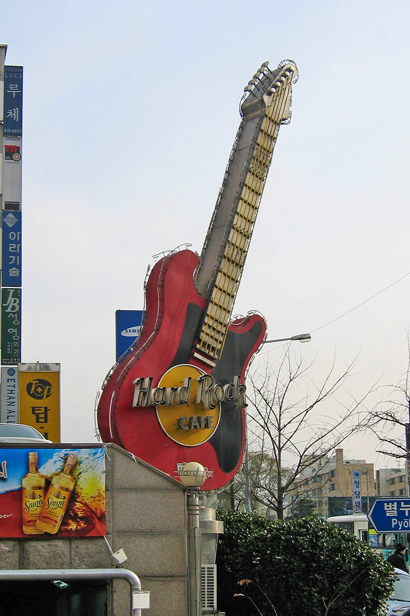 The giant neon guitar at the Hard Rock Cafe in Seoul, Korea.