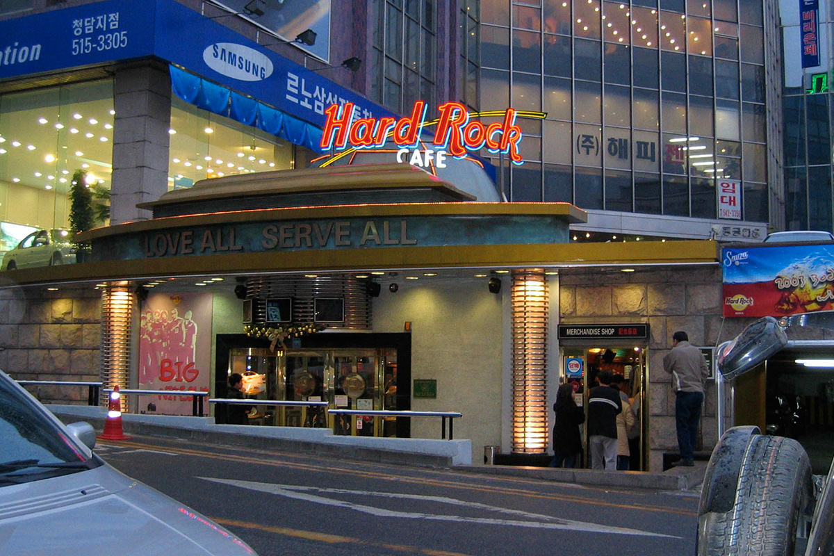 Hard Rock Cafe in Seoul, Korea at night.