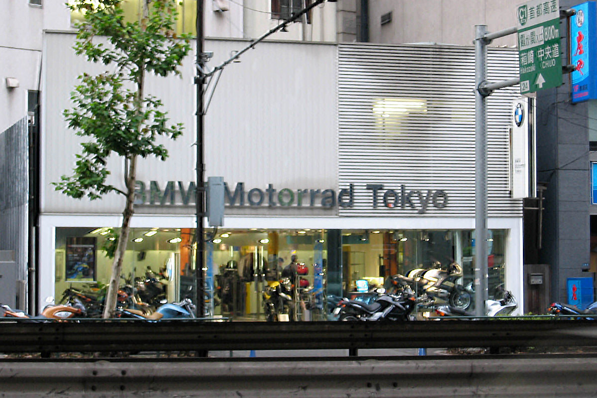 The BMW dealership in Tokyo as seen from a taxi window.