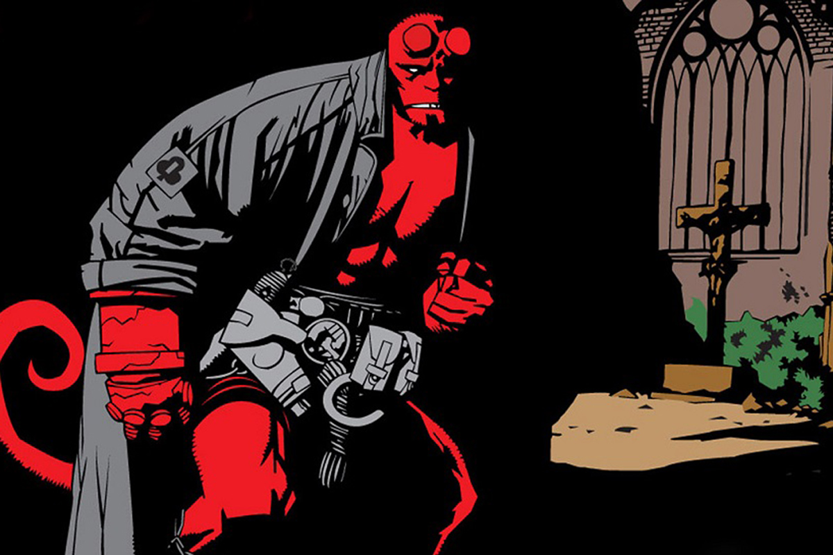 A drawing of Hellboy who is a tall red demon with his horns sanded off his head.