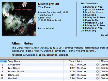 The Cure's album Disintegration showing up as a partial album at the iTunes Music Store.