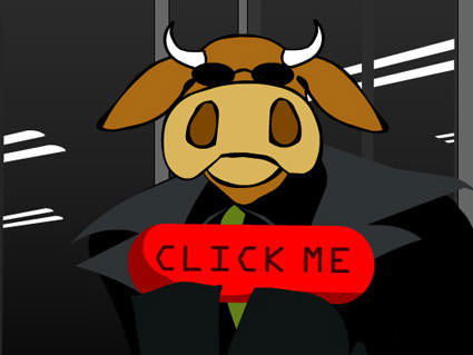 An animated cow holding out a pill from The Meatrix, a parody of The Matrix.
