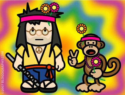 DAVETOON: Lil' Dave and Bad Monkey dressed up as hippies.