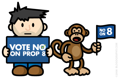DAVETOON: Lil' Dave and Bad Monkey holding signs saying vote no on prop 8.