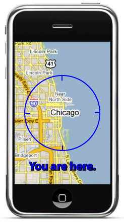Faked map of Chicago on an iPhone with a target encircling the entire city saying 'You Are Here!'