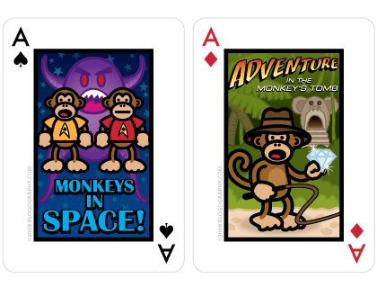 Blogography Playing Cards image showing Bad Monkey Adventure and Sci-Fi stories on the card faces.