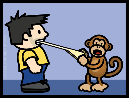 DAVETOON: Bad Monkey pulling cheese out of Lil' Dave's mouth.