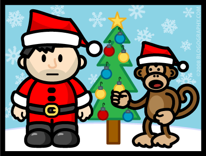 DAVETOON: Lil' Dave and Bad Monkey decorating a tree for Christmas.