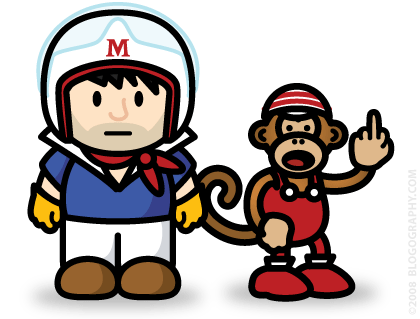 DAVETOON! Lil' Dave dressed up as Speed Racer with Bad Monkey dressed up as Chim Chim while flipping the bird.