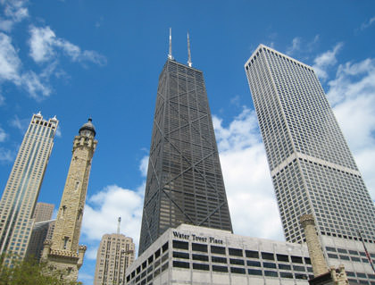 Looking up at Hancock Tower and the Chicago city skyline.