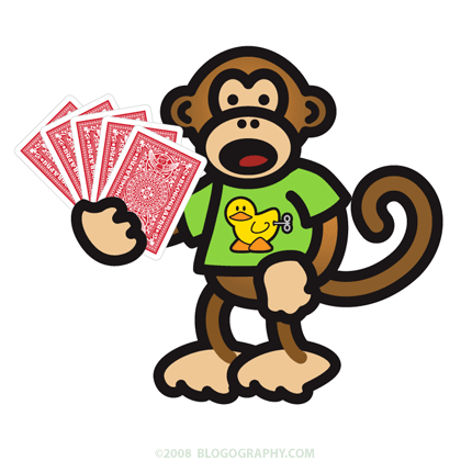 DAVETOON! Bad Monkey wearing an Artificial Duck T-Shirt while holding playing cards fanned out.