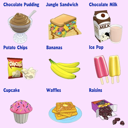 Webkniz food... Chocolate Pudding, Jungle Bug Sandwich, Chocolate Milk, Potato Chips, Bananas, Ice Pops, Cupcake, Waffles, and Rasins.