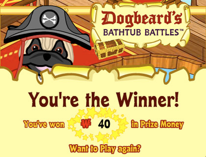 Webkinz winner screen showing 40 KinzCash in winnings.