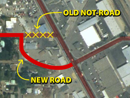 A map showing the re-routing of a street from where it used to be in Wenatchee, Washington.