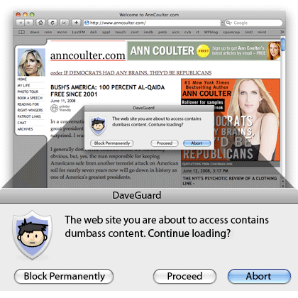 Ann Coulter Website with Dumbass Warning Dialog Box