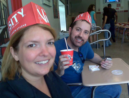 Dave and Beth drinking frosted oranges at The Varsity.