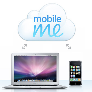 MobileMe graphic showing a Mac and an iPhone syncing through a cloud.