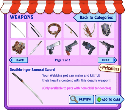 Webkinz Store showing weapons... guns, swords, bow and arrows, etc.
