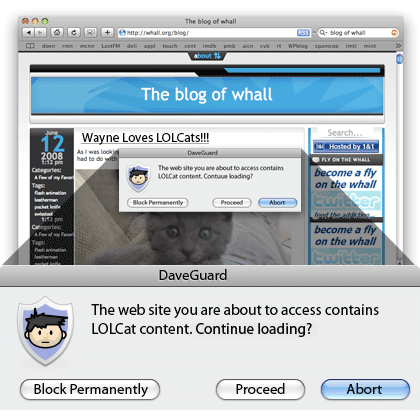 Wayne's website showing LOLCat blocking dialog box.
