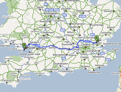 Map from Billericay, England to Barry, Wales