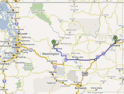 Map from Cashmere, WA to Spokane, WA