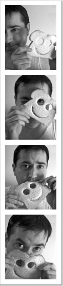 Dave headshots posing with a slice of bread.