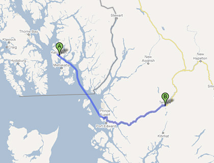 Map from Ketchikan, AK to Terrace, BC