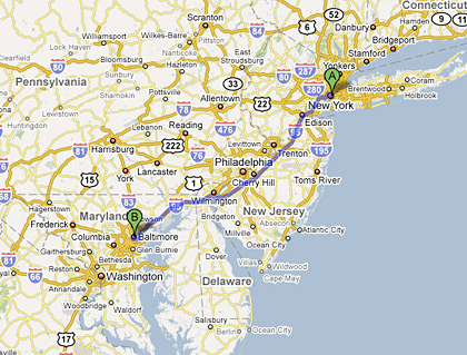 Map from New York City to Baltimore, MD