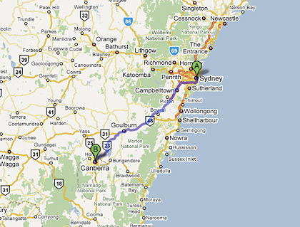 Map from Sydney to Canberra in Australia