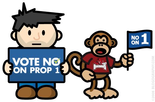 DAVETOON: Lil' Dave and Bad Monkey holding NO ON #1 signs