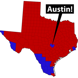 Red Texas Electoral Map showing Austin's Travis County in Blue.