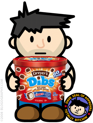 DAVETOON: Lil' Dave holding Dibs Snacks.