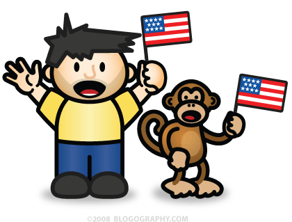DAVETOON: Lil' Dave and Bad Monkey waving US flags.