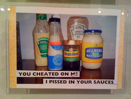 Postcard of condiments saying You cheated on me, I pissed in your sauces
