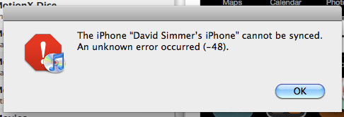 Cannot Sync iPhone, Error (-48)