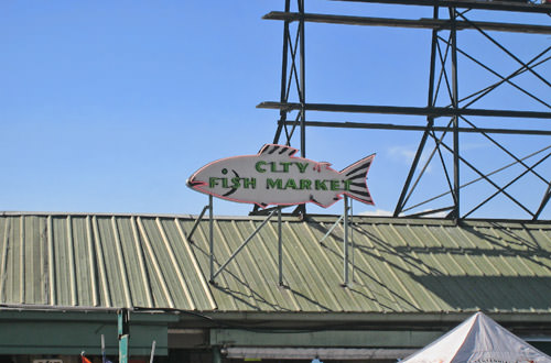 City Fish Market Sign in a Blue, Blue Sky!