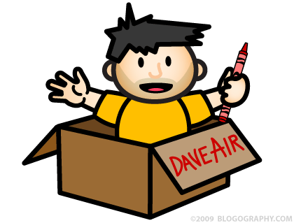 DAVETOON: Lil' Dave writes DAVEAIR on a cardboard box and hops inside