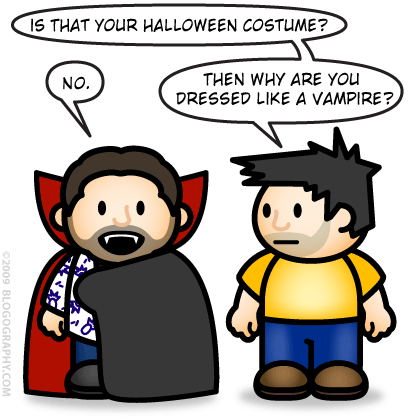 DAVETOON MAC: Is that your Halloween costume? PC: No. MAC: Then why are you dressed as a vampire?