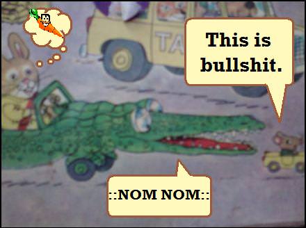 Richard Scarry Illustration Rabbit in Crocodile car coming up on Mouse in Mini-Car
