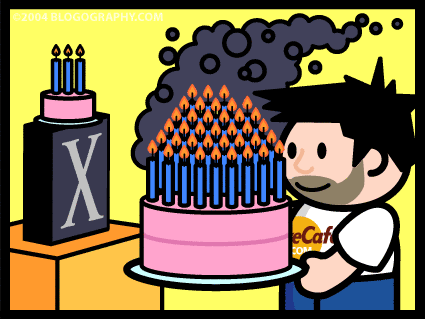 DAVETOON: Lil' Dave holding a birthday cake with 38 candles and a massive cloud of black smoke.