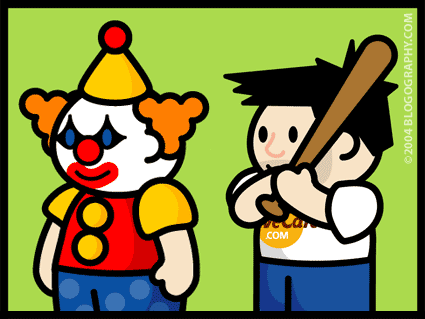 DAVETOON: Lil' Dave sneaking up behind a scary clown with a baseball bat.