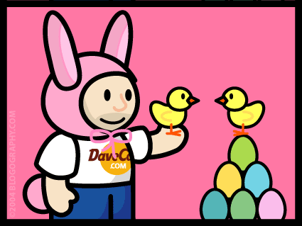 DAVETOON: Lil' Dave holding a chick that's talking to another chick on a pile of colorful Easter eggs.