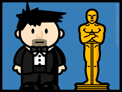 DAVETOON: Lil' Dave standing next to a giant golden Oscar statue.