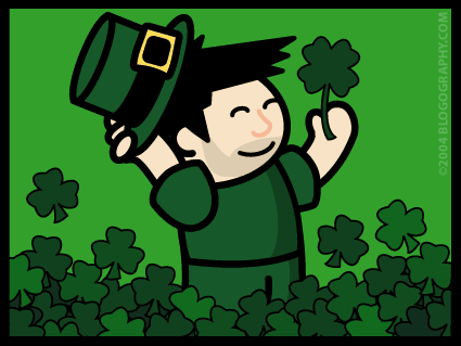 DAVETOON: Lil' Dave frolicking in a field of clover dressed in green.