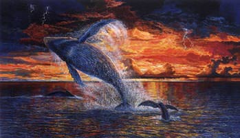 Electricty II copyright Robert Lyn Nelson — A large whale is bursting from the ocean dripping water while in the background is a beautiful sunset.