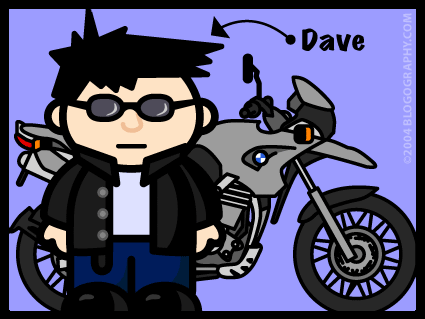 DAVETOON: Lil' Dave in a leather jacket standing in front of his motorcycle.