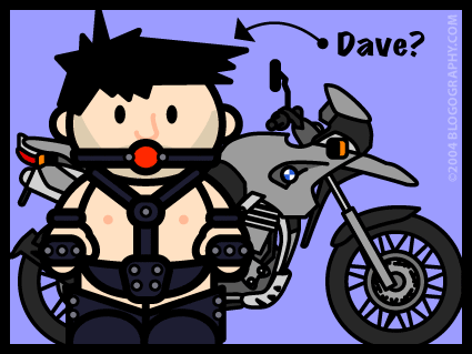 DAVETOON: Lil' Dave dressed in leather bondage gear.