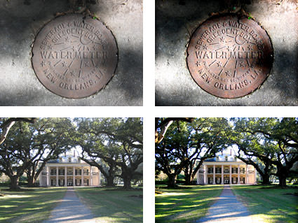 A New Orleans manhole cover and photo of the Oak Alley Plantation mansion with the Lomoizer Effect applied