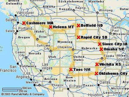A map of Robert's Mid-West Run through the central states of the USA